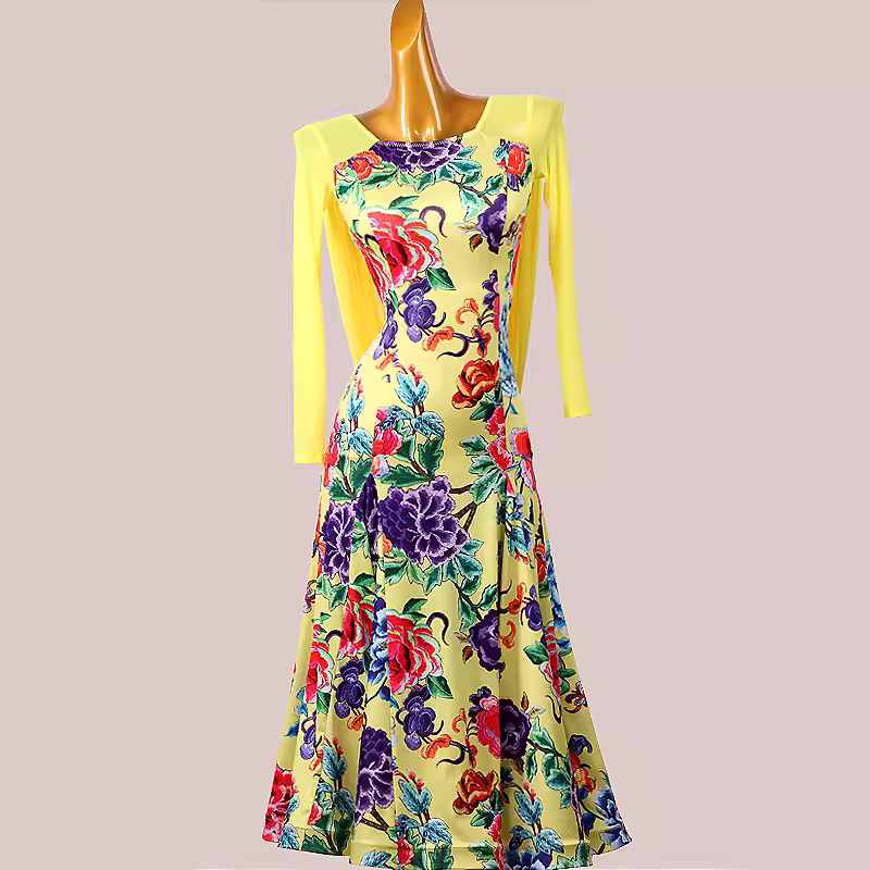 Customized size yellow floral ballroom dance dresses for women girls waltz tango foxtrot smooth flamenco dance long gown for female